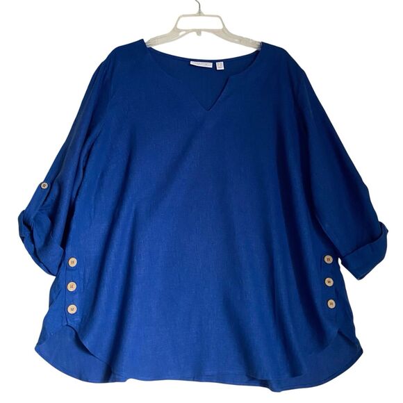 Susan Graver Pure Linen Top Tunic 1XP Blue Round Neck Roll Tab Sleeve Relaxed - Picture 1 of 8
